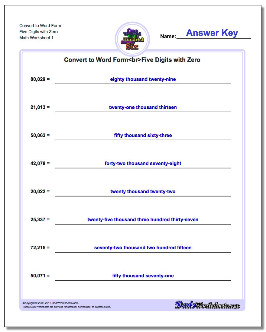 Standard, Expanded and Word Form Worksheet Convert to Five Digits with Zero