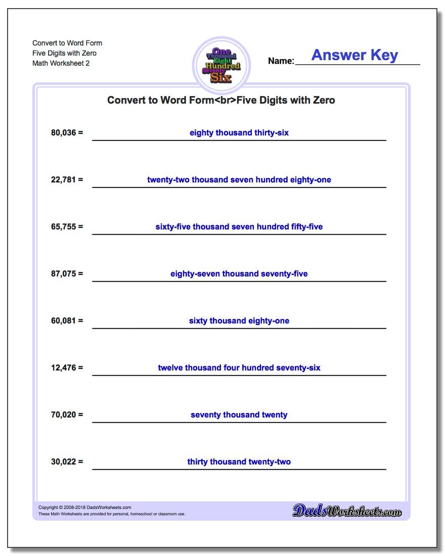Convert to Word Form Worksheet Five Digits with Zero www.dadsworksheets.com/worksheets/standard-expanded-and-word-form.html