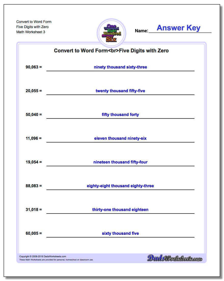 Convert to Word Form Worksheet Five Digits with Zero