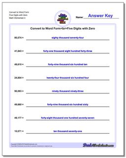 Convert to Word Form Worksheet Five Digits with Zero