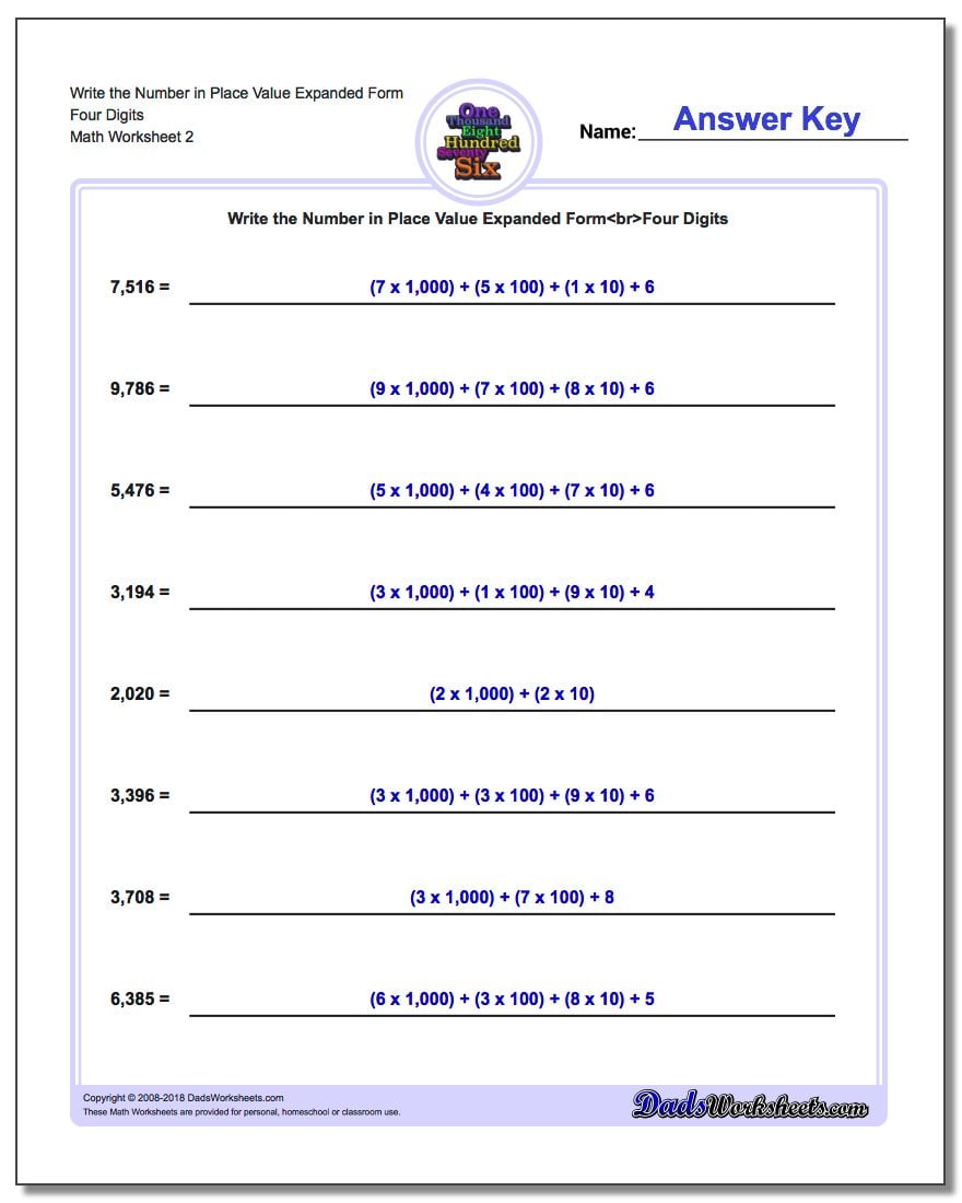 Write the Number in Place Value Expanded Form Worksheet Four Digits www.dadsworksheets.com/worksheets/standard-expanded-and-word-form.html