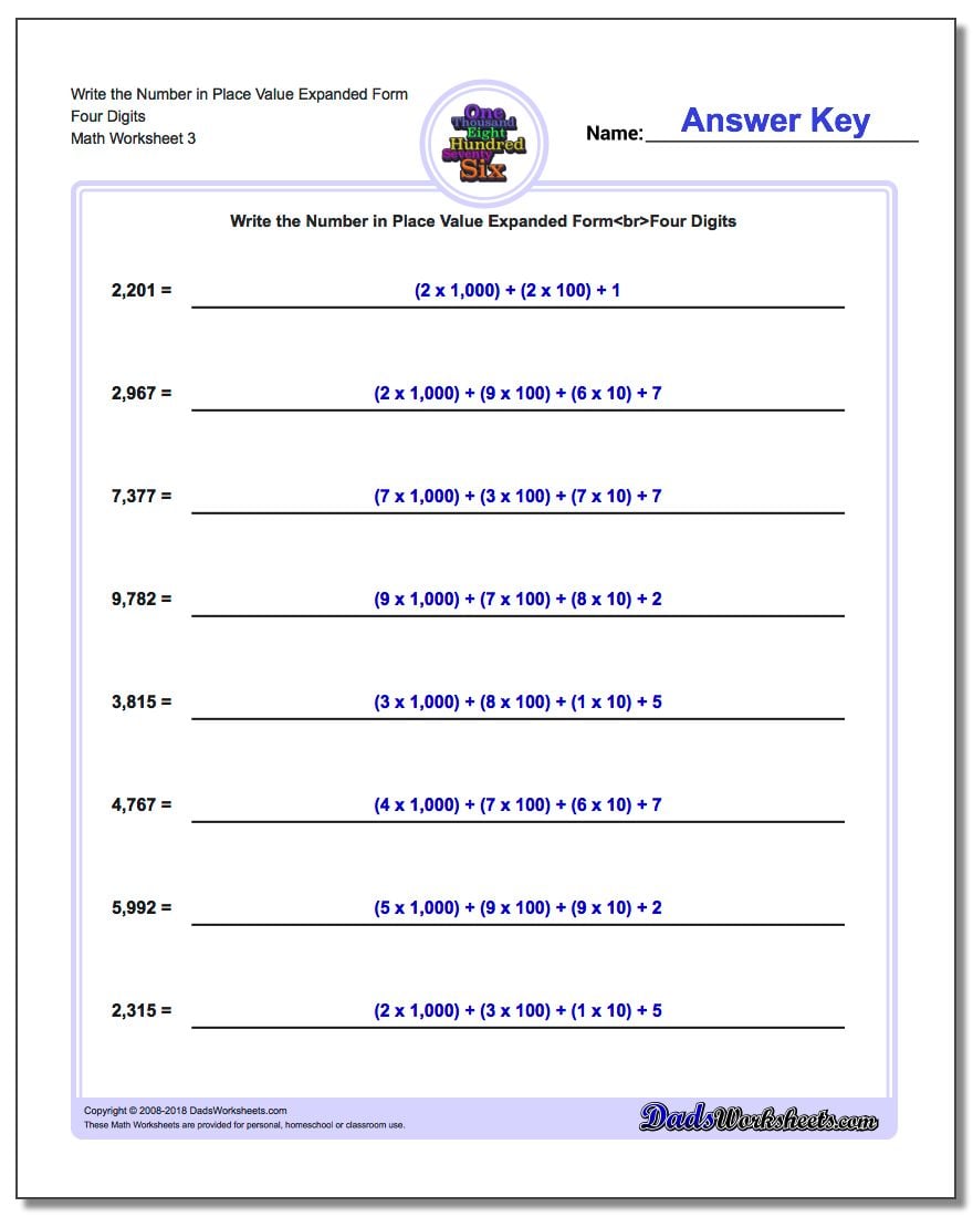 Write the Number in Place Value Expanded Form Worksheet Four Digits