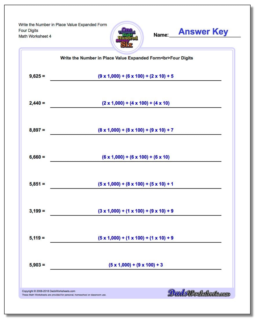 Write the Number in Place Value Expanded Form Worksheet Four Digits