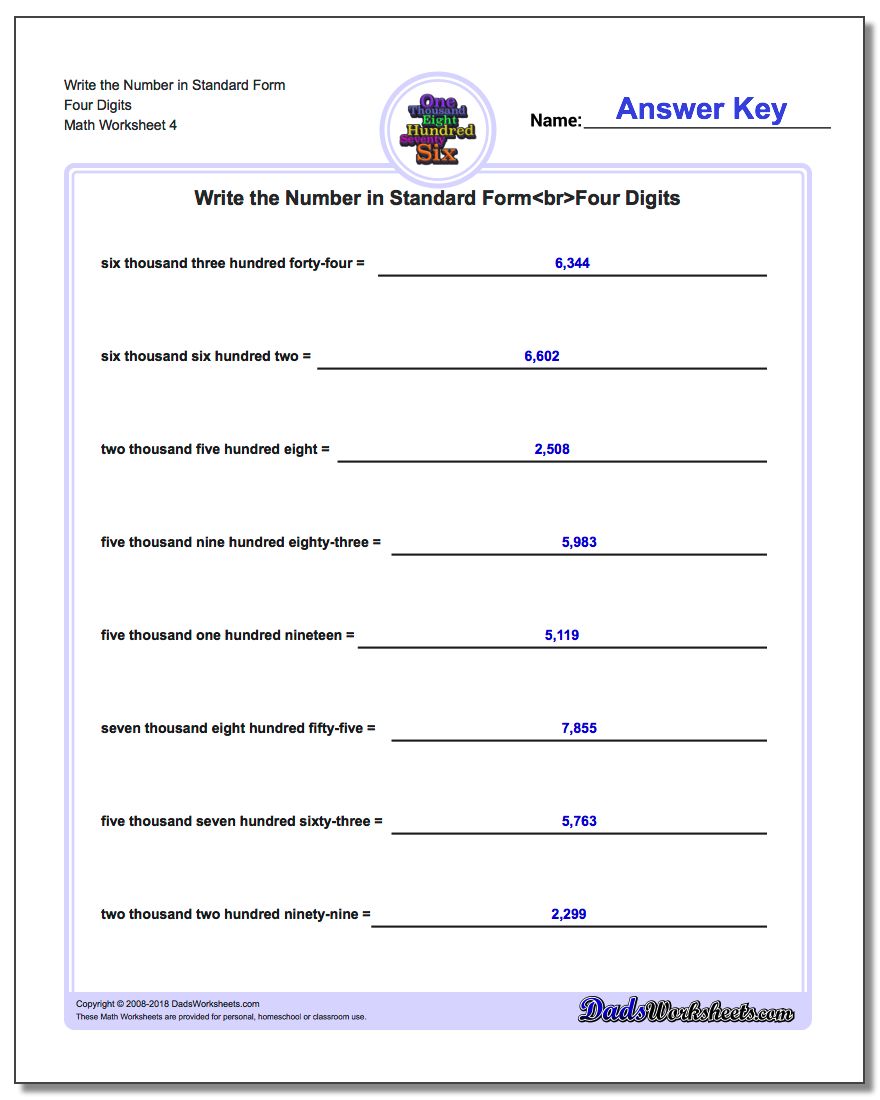 Write the Number in Standard Form Worksheet Four Digits