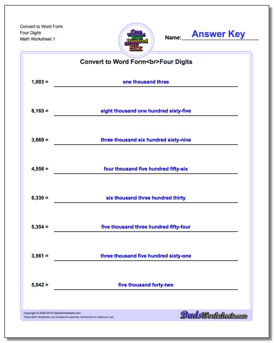 Standard, Expanded and Word Form Worksheet Convert to Four Digits