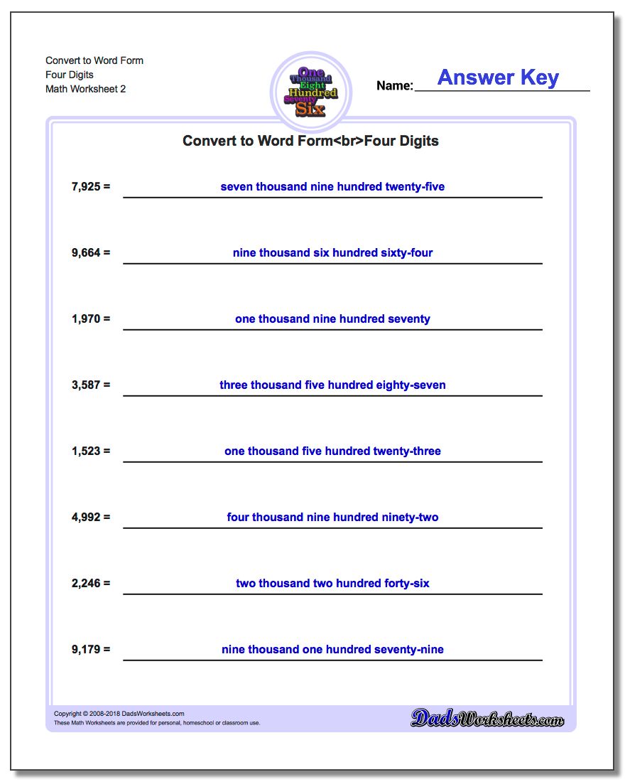 Convert to Word Form Worksheet Four Digits www.dadsworksheets.com/worksheets/standard-expanded-and-word-form.html