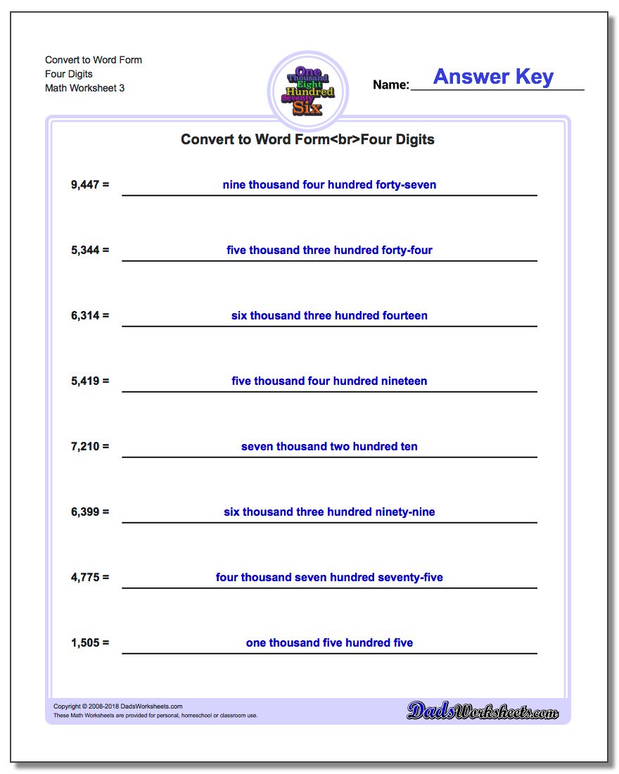 Convert to Word Form Worksheet Four Digits