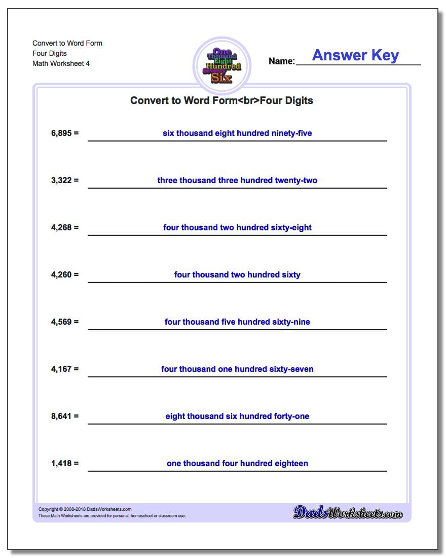 Convert to Word Form Worksheet Four Digits