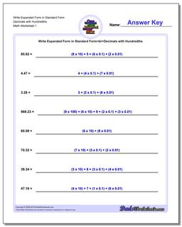 Standard, Expanded and Word Form Worksheet Write in Decimals with Hundredths