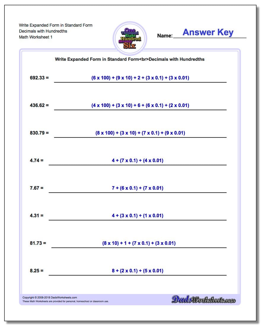 Standard, Expanded and Word Form Worksheet Write in Decimals with Hundredths
