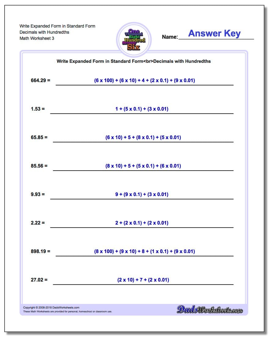 Write Expanded Form Worksheet in Standard Form Decimals with Hundredths