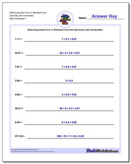 Standard, Expanded and Word Form Worksheet Write in Decimals with Hundredths