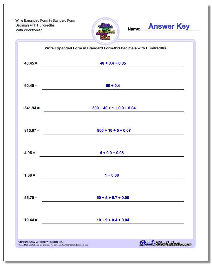 worksheet Expanded Form With Decimals write numbers in expanded form standard and word worksheet decimals with hundredths