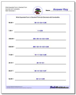 Write Expanded Form Worksheet in Standard Form Decimals with Hundredths