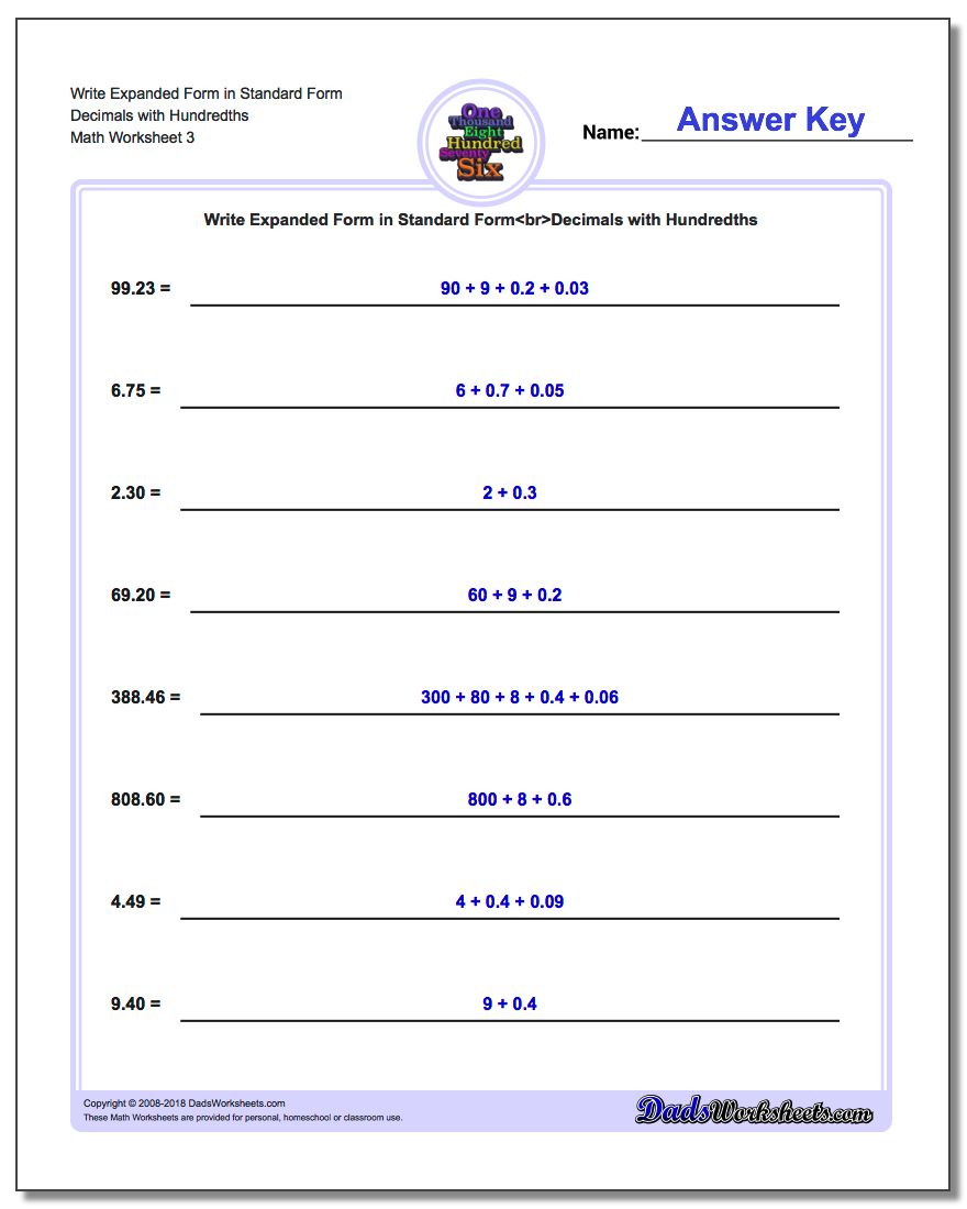 Write Expanded Form Worksheet in Standard Form Decimals with Hundredths