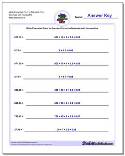 Write Expanded Form Worksheet in Standard Form Decimals with Hundredths