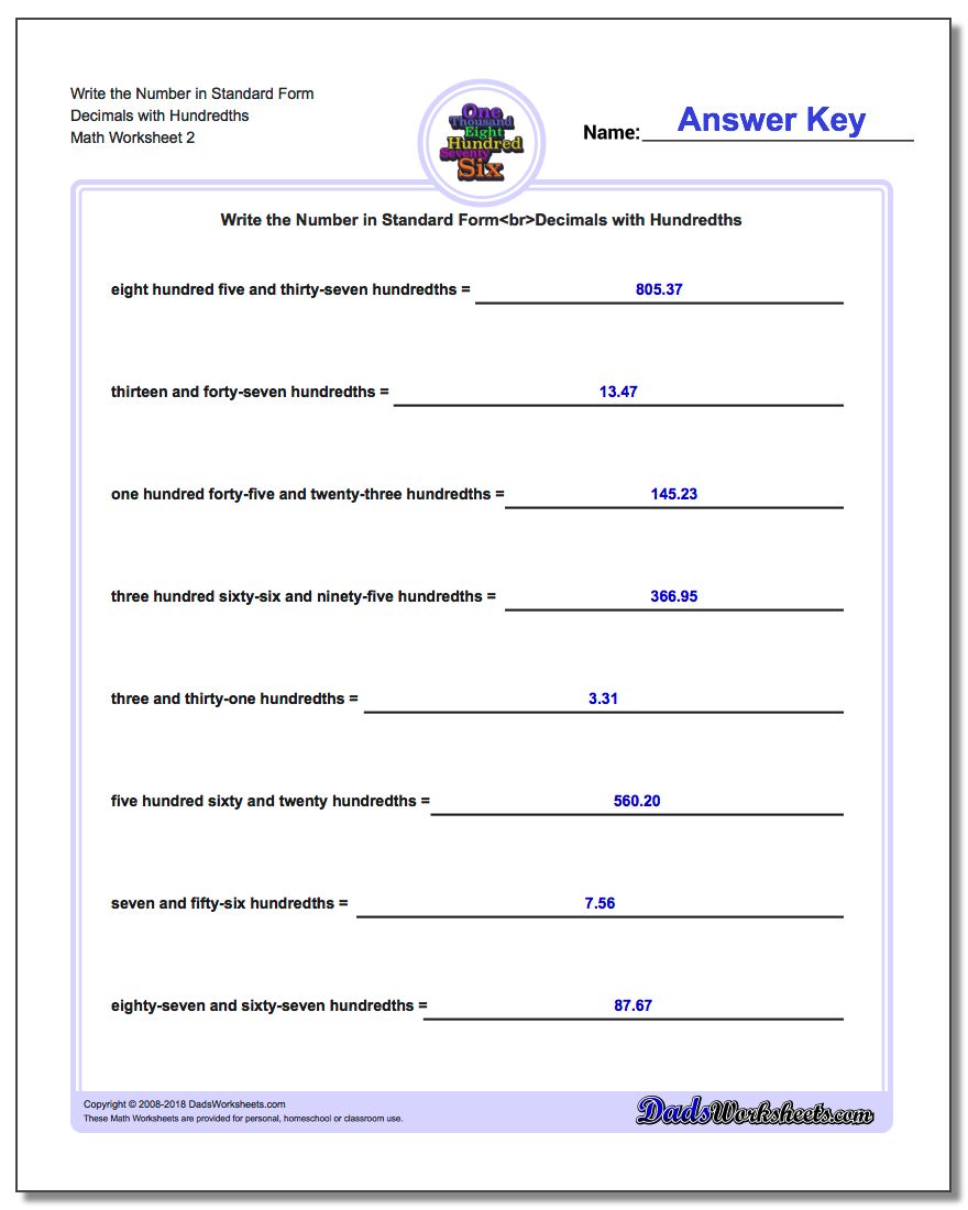 Write the Number in Standard Form Worksheet Decimals with Hundredths www.dadsworksheets.com/worksheets/standard-expanded-and-word-form.html