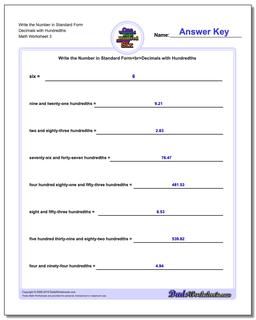 Write the Number in Standard Form Worksheet Decimals with Hundredths