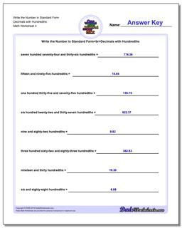 Write the Number in Standard Form Worksheet Decimals with Hundredths