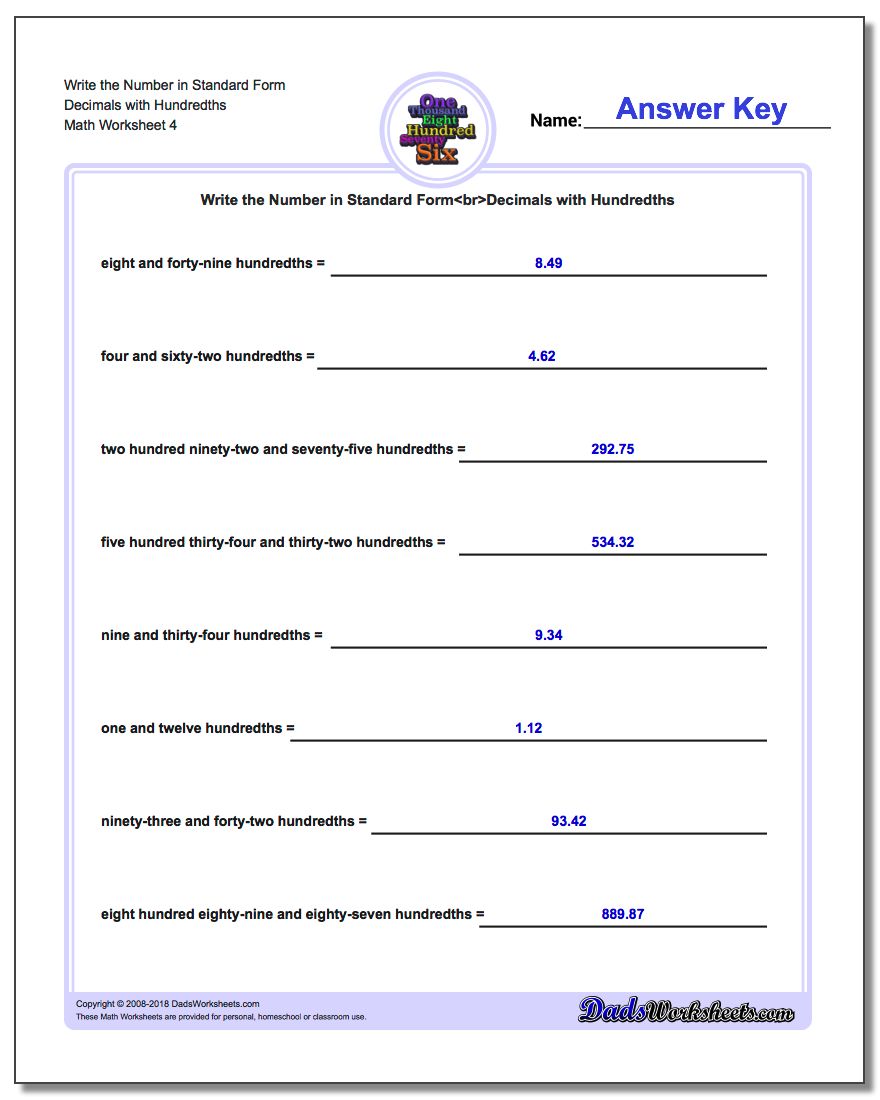 Write the Number in Standard Form Worksheet Decimals with Hundredths