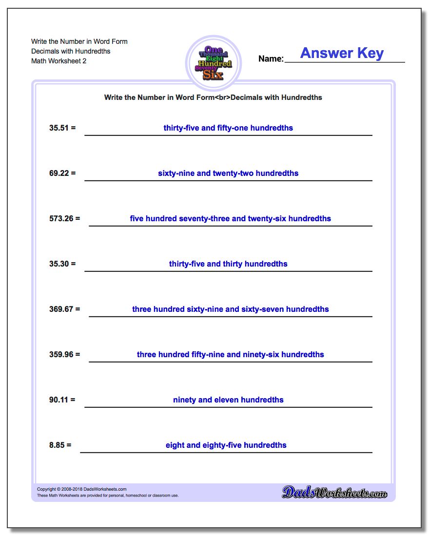 Write the Number in Word Form Worksheet Decimals with Hundredths www.dadsworksheets.com/worksheets/standard-expanded-and-word-form.html