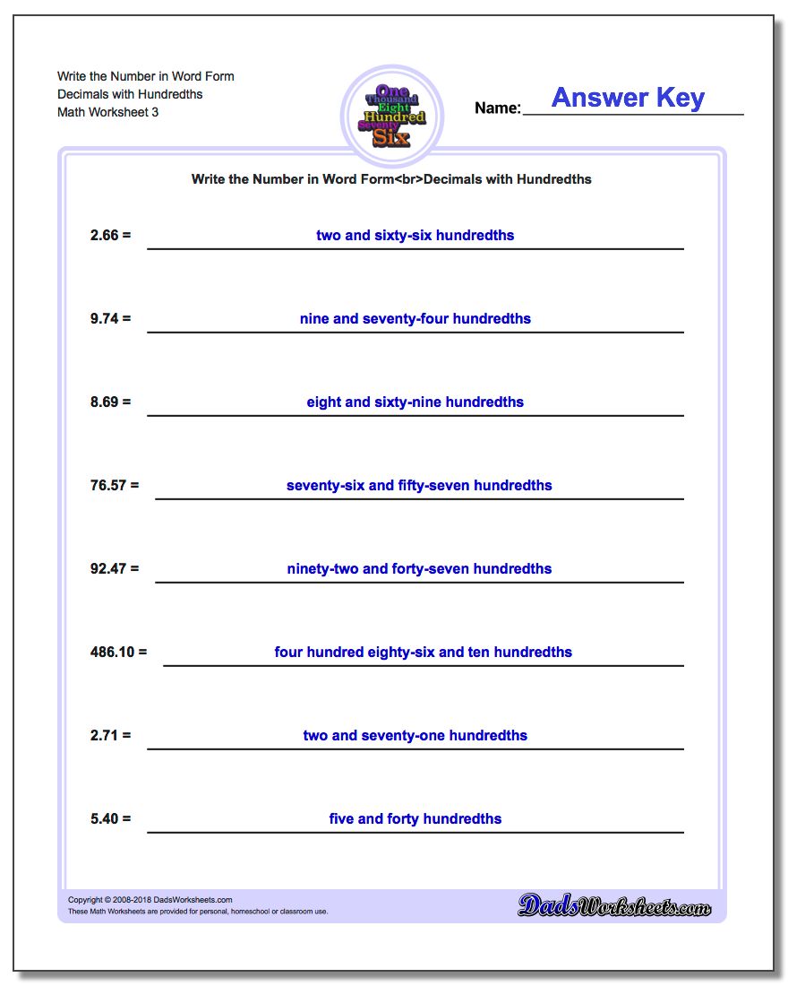 Write the Number in Word Form Worksheet Decimals with Hundredths