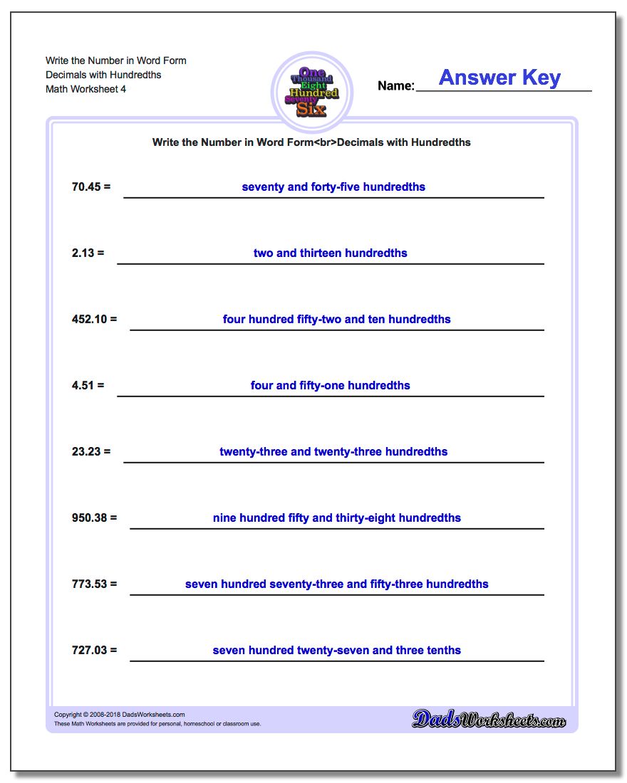 Write the Number in Word Form Worksheet Decimals with Hundredths