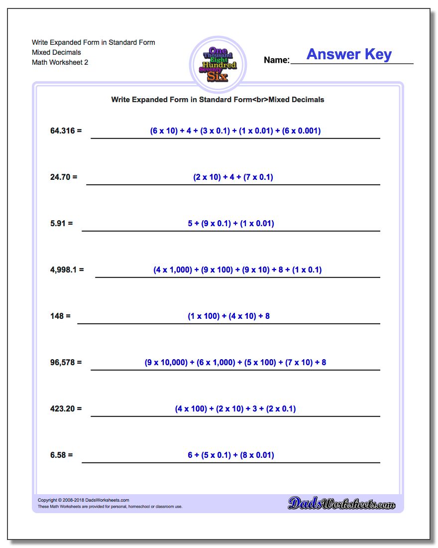 Write Expanded Form Worksheet in Standard Form Mixed Decimals www.dadsworksheets.com/worksheets/standard-expanded-and-word-form.html
