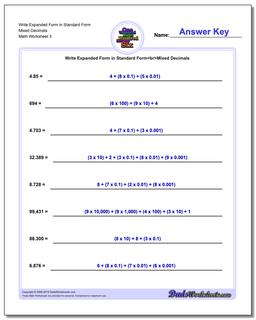 Write Expanded Form Worksheet in Standard Form Mixed Decimals