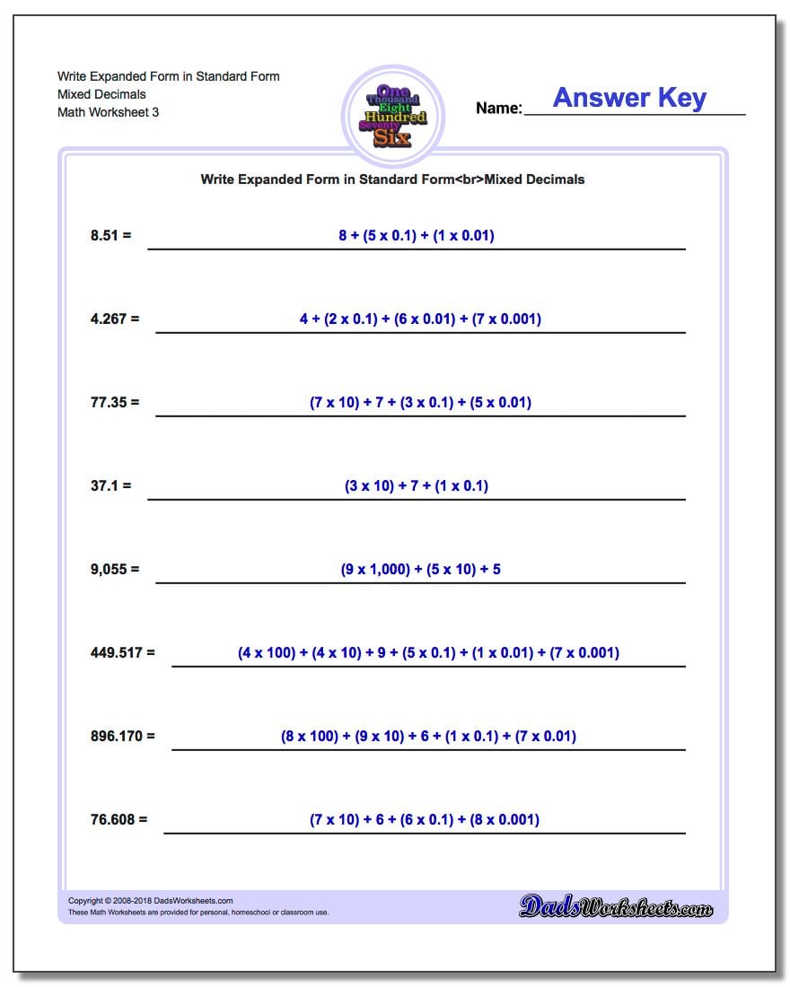 Write Expanded Form Worksheet in Standard Form Mixed Decimals