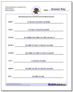 Write Expanded Form Worksheet in Standard Form Mixed Decimals