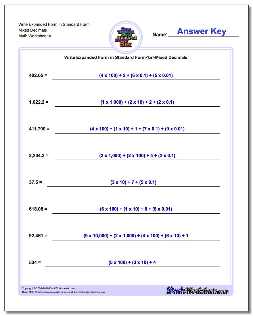 Write Expanded Form Worksheet in Standard Form Mixed Decimals