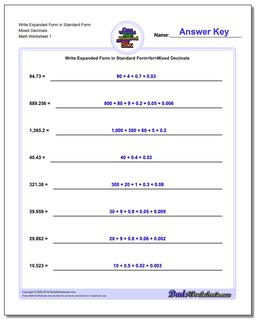 Standard, Expanded and Word Form Worksheet Write in Mixed Decimals