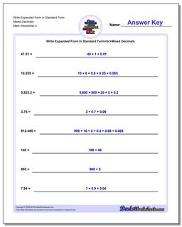 Write Expanded Form Worksheet in Standard Form Mixed Decimals