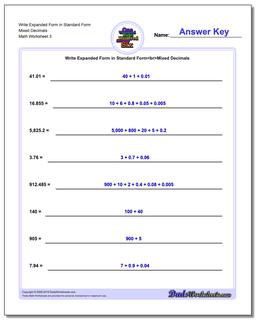 Write Expanded Form Worksheet in Standard Form Mixed Decimals