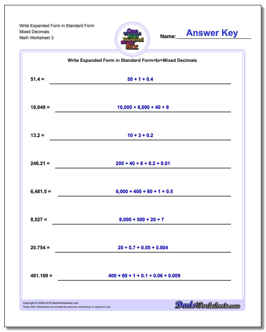 Write Expanded Form Worksheet in Standard Form Mixed Decimals