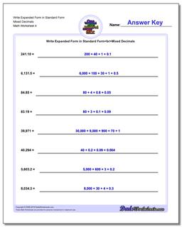 Write Expanded Form Worksheet in Standard Form Mixed Decimals