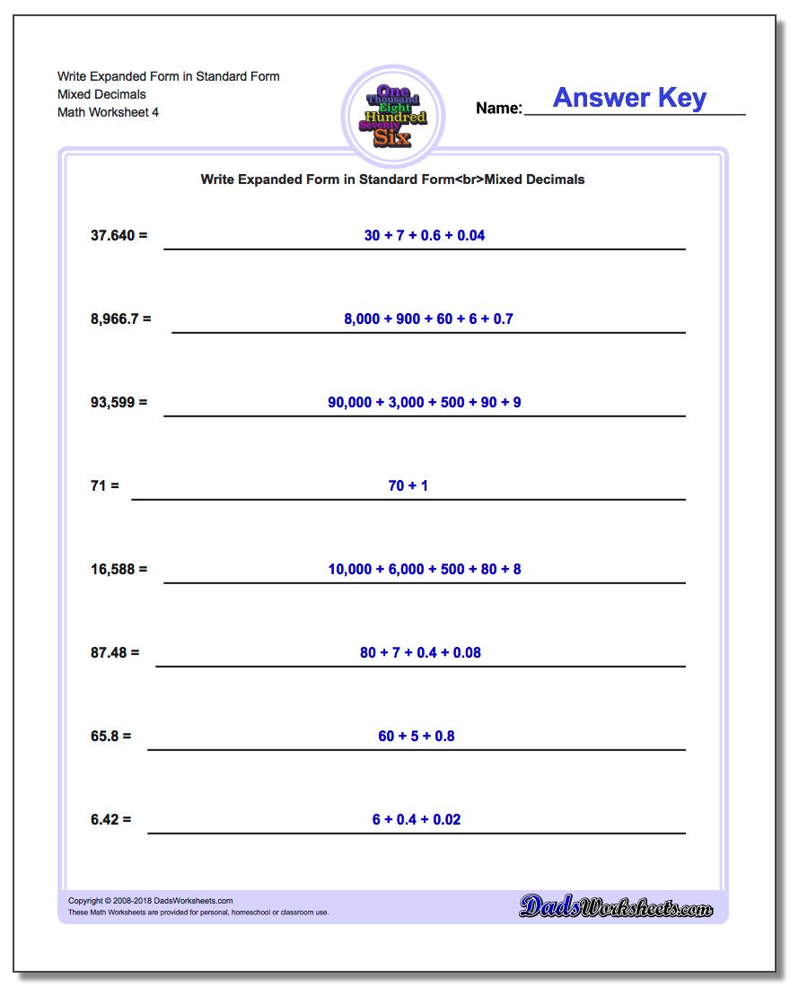 Write Expanded Form Worksheet in Standard Form Mixed Decimals