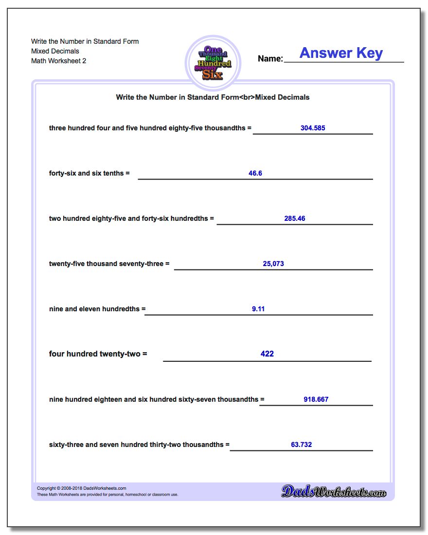 Write the Number in Standard Form Worksheet Mixed Decimals www.dadsworksheets.com/worksheets/standard-expanded-and-word-form.html