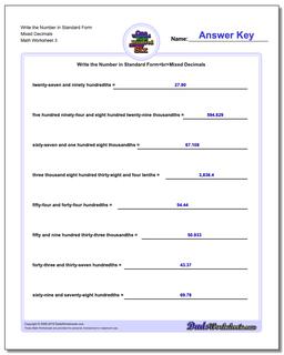 Write the Number in Standard Form Worksheet Mixed Decimals