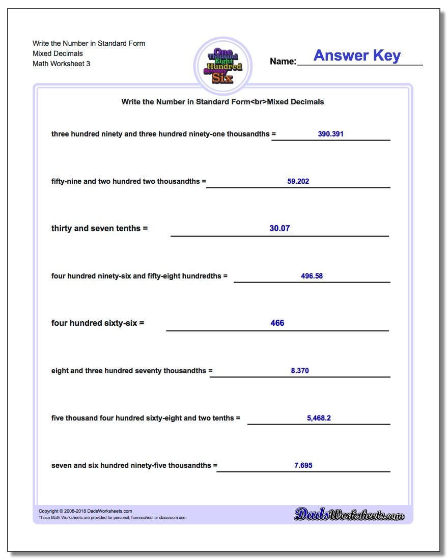 Write the Number in Standard Form Worksheet Mixed Decimals