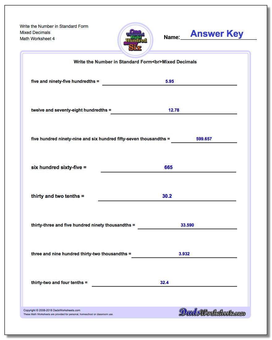 Write the Number in Standard Form Worksheet Mixed Decimals