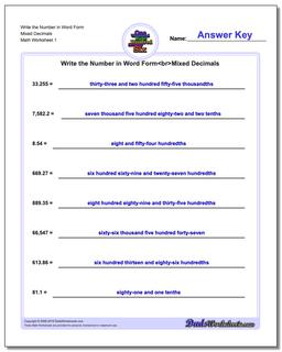 Standard, Expanded and Word Form Worksheet Write the Number in Mixed Decimals