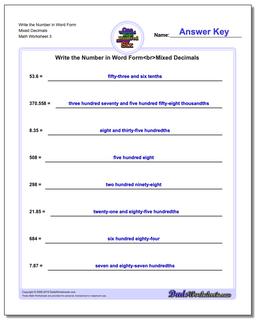 Write the Number in Word Form Worksheet Mixed Decimals