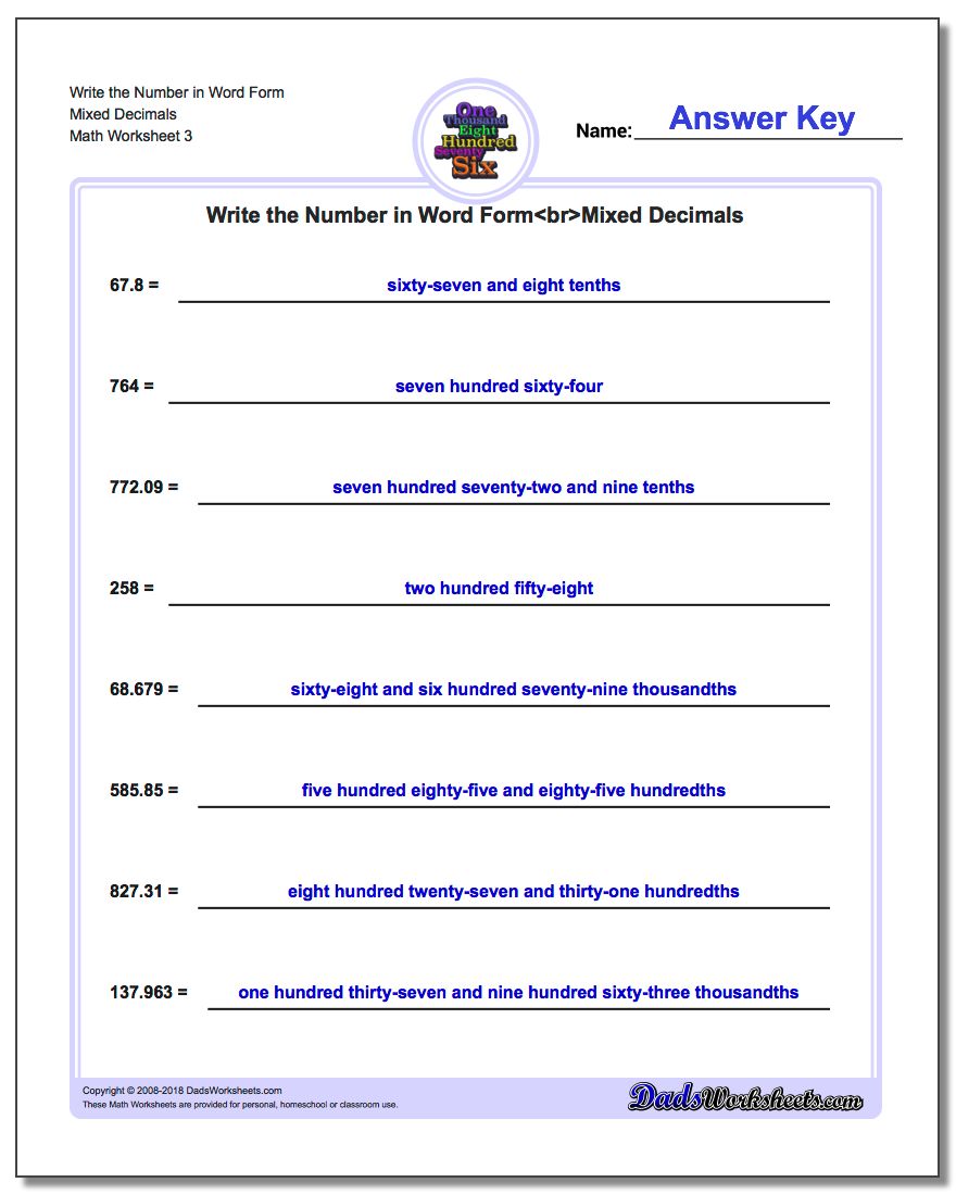 Write the Number in Word Form Worksheet Mixed Decimals