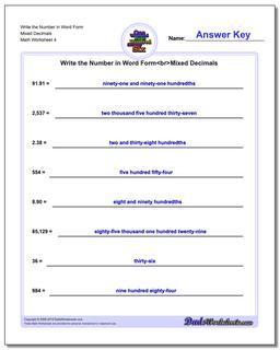 Write the Number in Word Form Worksheet Mixed Decimals