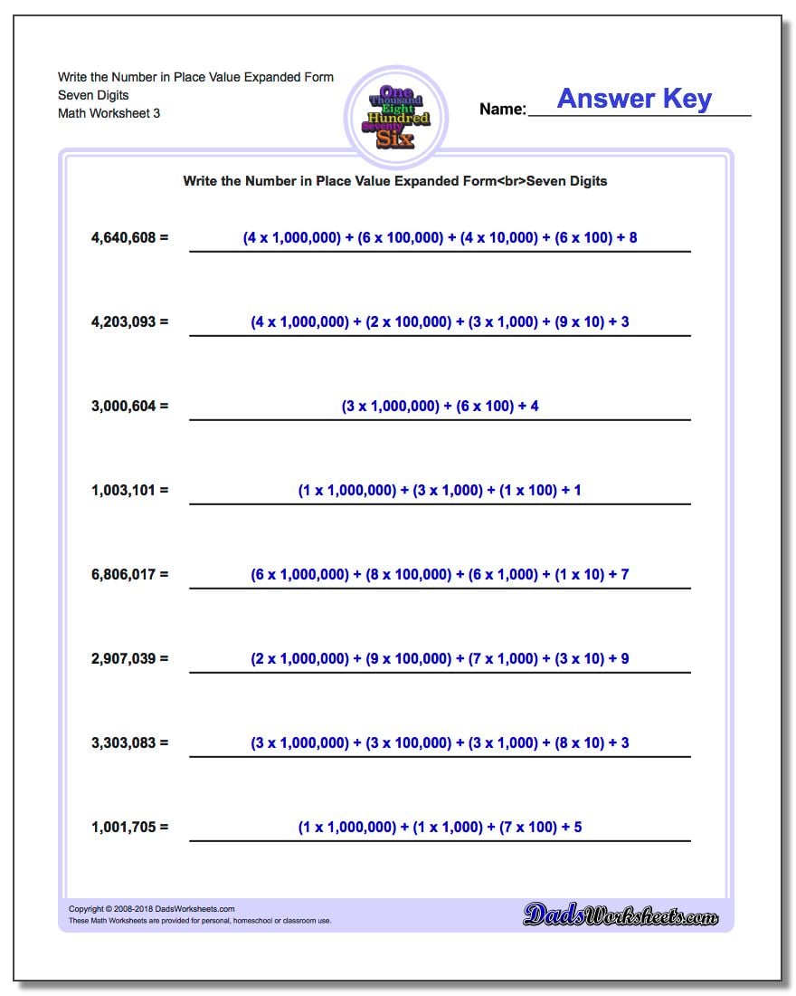 Write the Number in Place Value Expanded Form Worksheet Seven Digits