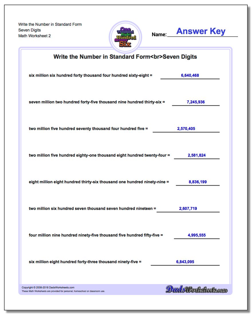 Write the Number in Standard Form Worksheet Seven Digits www.dadsworksheets.com/worksheets/standard-expanded-and-word-form.html