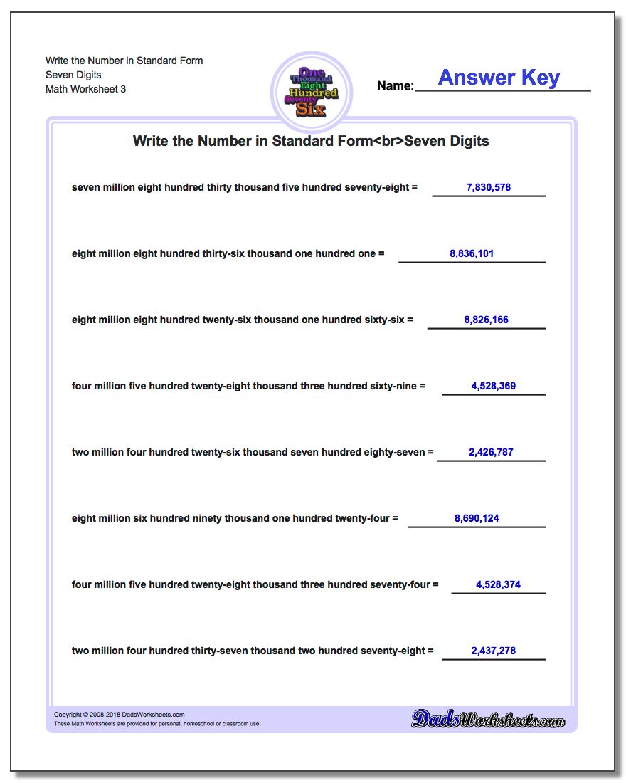 Write the Number in Standard Form Worksheet Seven Digits