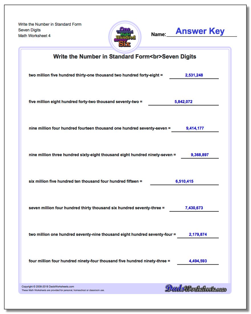 Write the Number in Standard Form Worksheet Seven Digits